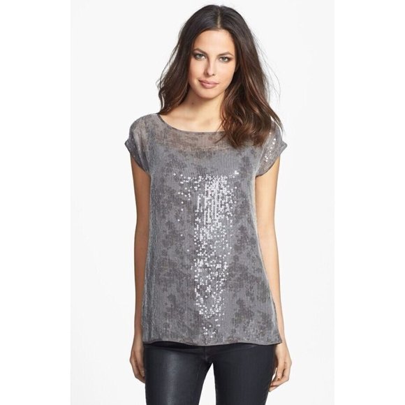 Eileen Fisher Tops - Eileen Fisher Bateau Neck Sequin Shimmer Top Size M Boxy Fit Cap Sleeve Silk